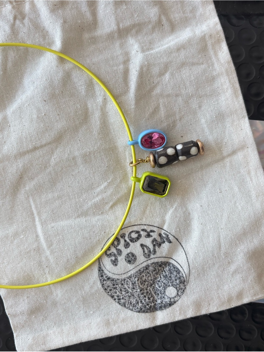 Spicy Dan Necklace with Neon Yellow Cord and Pink Pendant - Picture 5 of 5